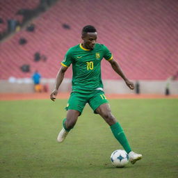 A Malian football player set against a vibrant stadium, mid-action, kicking a football with intense precision and energy.