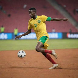 A Malian football player set against a vibrant stadium, mid-action, kicking a football with intense precision and energy.