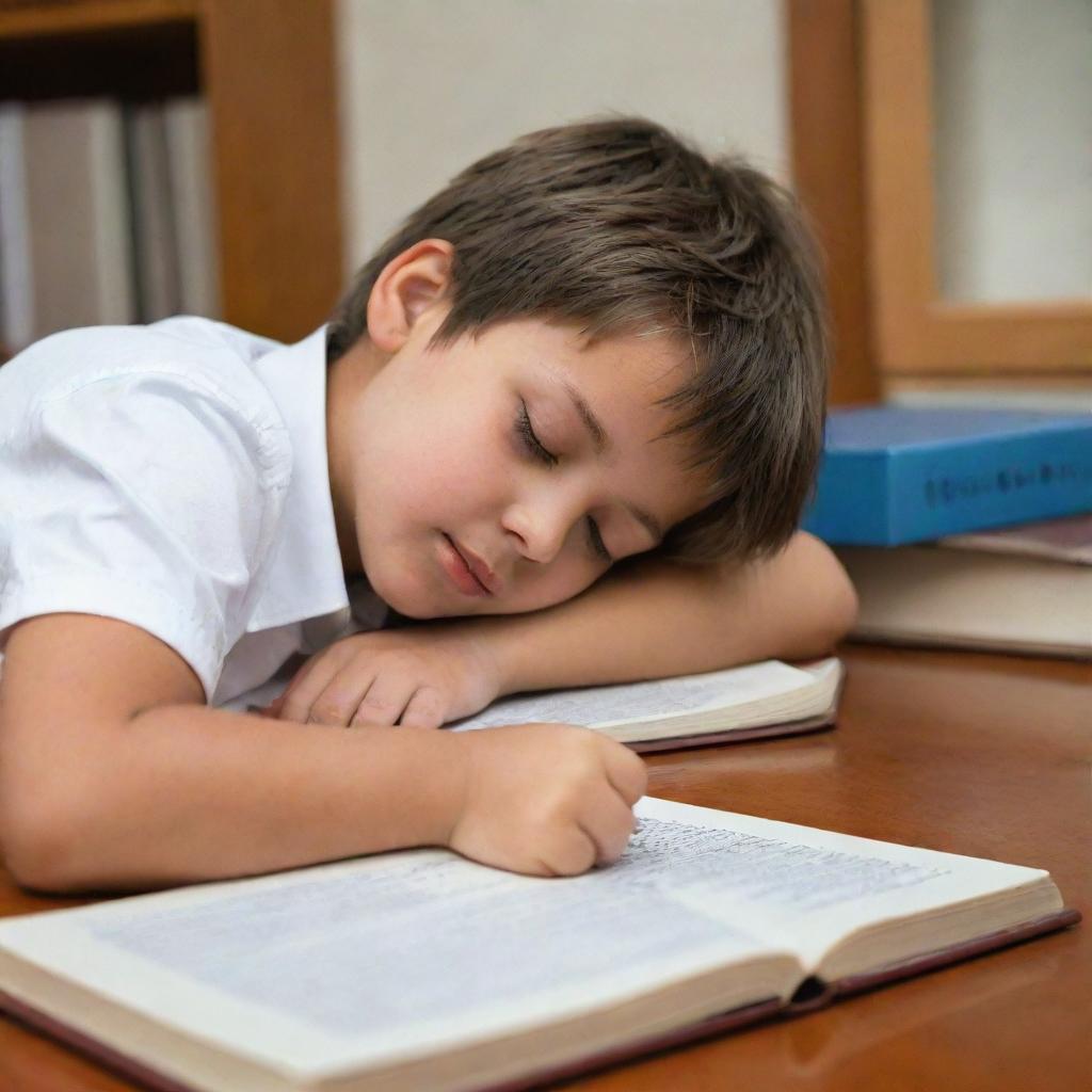 A peaceful image of a young boy sleeping on a book in a study room, clutching a pen in his hand.