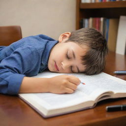 A peaceful image of a young boy sleeping on a book in a study room, clutching a pen in his hand.