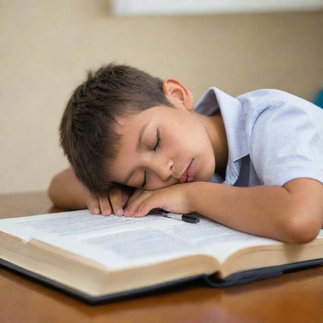 A peaceful image of a young boy sleeping on a book in a study room, clutching a pen in his hand.