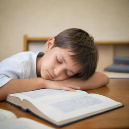 A peaceful image of a young boy sleeping on a book in a study room, clutching a pen in his hand.