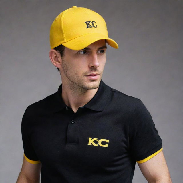 A black polo shirt featuring the text 'KC Express' written in bold, and a matching yellow cap.