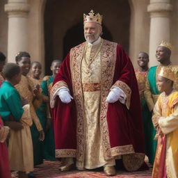 A compassionate king in regal attire, interacting with his happy subjects in a vibrant, bustling kingdom.