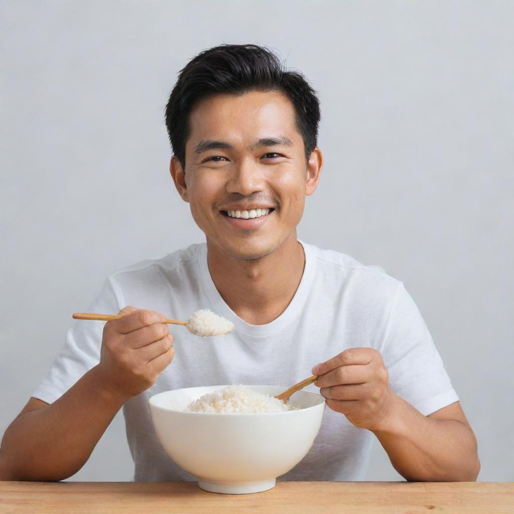 Draw a man glowing with happiness, eating a bowl of fluffy white rice. He's in his element, eyes sparkling in delight.