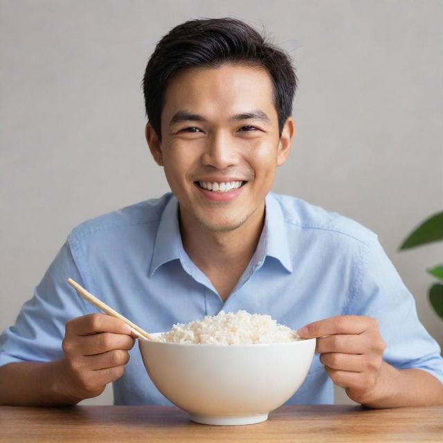 Draw a man glowing with happiness, eating a bowl of fluffy white rice. He's in his element, eyes sparkling in delight.