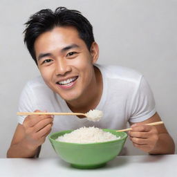 Draw a man glowing with happiness, eating a bowl of fluffy white rice. He's in his element, eyes sparkling in delight.