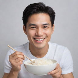 Draw a man glowing with happiness, eating a bowl of fluffy white rice. He's in his element, eyes sparkling in delight.