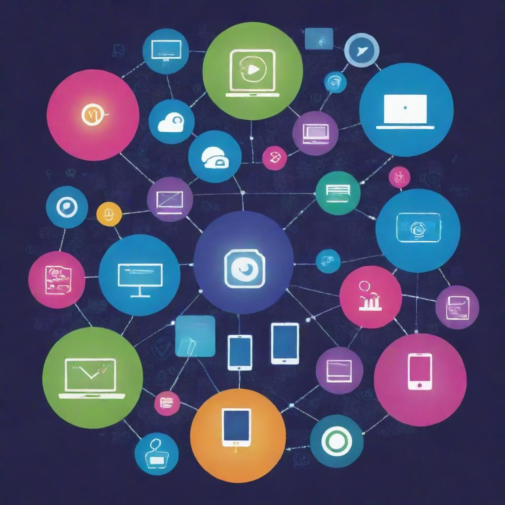 A vibrant and engaging poster promoting the positive aspects of digital technology, showcasing various devices such as smartphones, tablets, and laptops, intertwined with symbols of creativity, interconnectivity, and innovation.