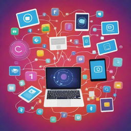 A vibrant and engaging poster promoting the positive aspects of digital technology, showcasing various devices such as smartphones, tablets, and laptops, intertwined with symbols of creativity, interconnectivity, and innovation.