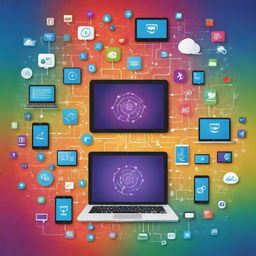 A vibrant and engaging poster promoting the positive aspects of digital technology, showcasing various devices such as smartphones, tablets, and laptops, intertwined with symbols of creativity, interconnectivity, and innovation.