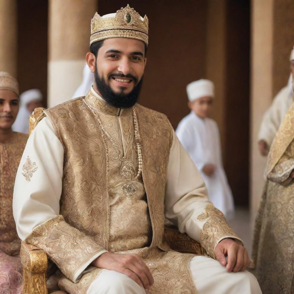 A respectful Muslim king in traditional attire, providing assistance and interactions with his joyous subjects in a lively and culturally rich kingdom.