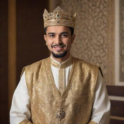 A respectful Muslim king in traditional attire, providing assistance and interactions with his joyous subjects in a lively and culturally rich kingdom.