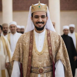 A respectful Muslim king in traditional attire, providing assistance and interactions with his joyous subjects in a lively and culturally rich kingdom.