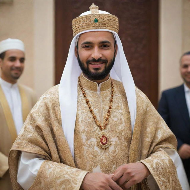 A respectful Muslim king in traditional attire, providing assistance and interactions with his joyous subjects in a lively and culturally rich kingdom.