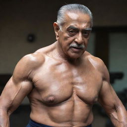 Kamal Hassan depicted as a 100-year-old bodybuilder, his muscles bulging with strength and his skin textured with deep wrinkles, radiating grace and vitality.