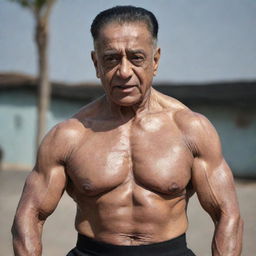 Kamal Hassan depicted as a 100-year-old bodybuilder, his muscles bulging with strength and his skin textured with deep wrinkles, radiating grace and vitality.