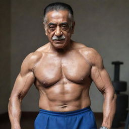 Kamal Hassan depicted as a 100-year-old bodybuilder, his muscles bulging with strength and his skin textured with deep wrinkles, radiating grace and vitality.