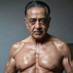 Kamal Hassan depicted as a 100-year-old bodybuilder, his muscles bulging with strength and his skin textured with deep wrinkles, radiating grace and vitality.