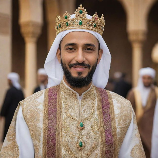 A dignified Muslim king in elaborate attire, exhibiting acts of kindness and assistance to his contented subjects within a bustling, culturally vibrant kingdom.