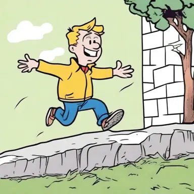 In the comic strip, the mischievous character tripped over a kerbstone and landed face-first.