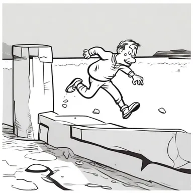 In the comic strip, the mischievous character tripped over a kerbstone and landed face-first.