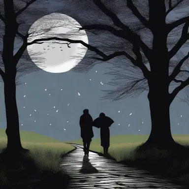 Walking hand in hand along the moonlit path, they leaned against the kerbstone and shared a tender kiss.