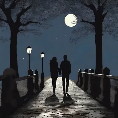 Walking hand in hand along the moonlit path, they leaned against the kerbstone and shared a tender kiss.