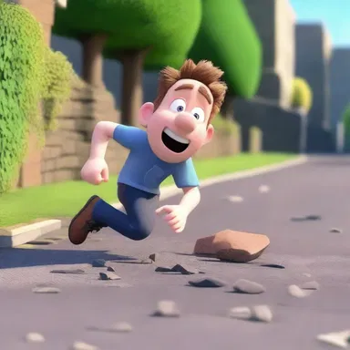 The animated character accidentally collided with a kerbstone during a chase scene, causing a humorous tumble.