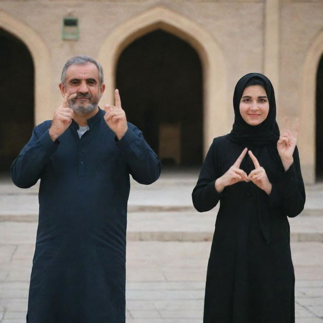 A man and woman standing in front of Ziarat Imam Hussain, making a heart sign with their fingers. They each have the letter 'A' painted on their hands.