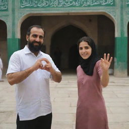 A man and woman standing in front of Ziarat Imam Hussain, making a heart sign with their fingers. They each have the letter 'A' painted on their hands.