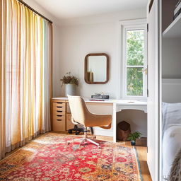 Craft a serene 10x14 ft bedroom retreat, integrating a window study nook, spacious cupboard, cozy bed, vibrant rug, full-length mirror, draping curtains, lush indoor plants, and sleek desk organizers for a blend of functional elegance and tranquil ambiance.