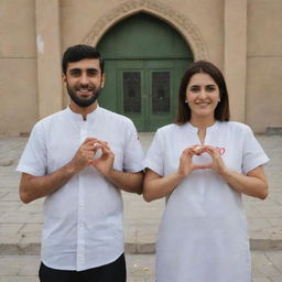 A man and woman standing in front of Ziarat Imam Hussain, making a heart sign with their fingers. They each have the letter 'A' painted on their hands.