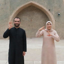 A man and woman standing in front of Ziarat Imam Hussain, making a heart sign with their fingers. They each have the letter 'A' painted on their hands.