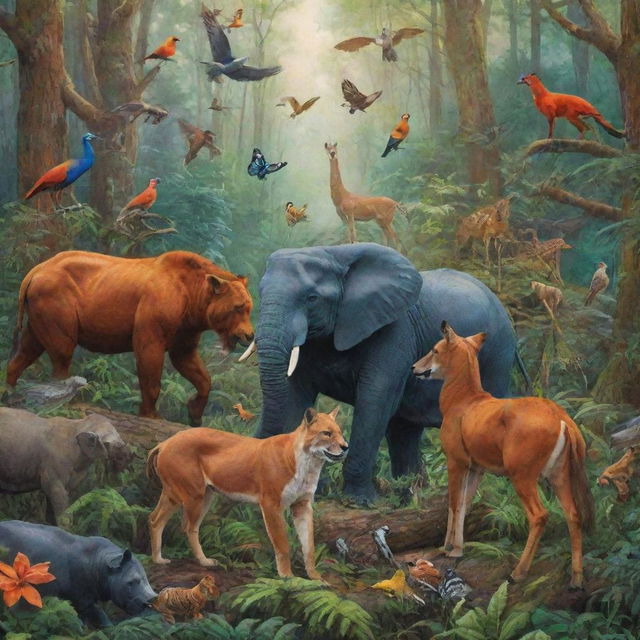 An artful composition of a variety of wild animals interacting peacefully in a vibrant forest setting