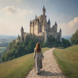 A humble woman in simple attire journeying towards a grand, captivating castle nestled in an enchanting landscape.