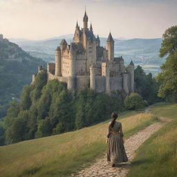 A humble woman in simple attire journeying towards a grand, captivating castle nestled in an enchanting landscape.