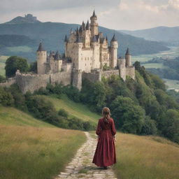 A humble woman in simple attire journeying towards a grand, captivating castle nestled in an enchanting landscape.