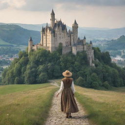 A humble woman in simple attire journeying towards a grand, captivating castle nestled in an enchanting landscape.