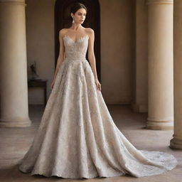 A stunning, intricately designed couture gown with dazzling embellishments and an elegant silhouette.