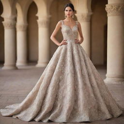 A stunning, intricately designed couture gown with dazzling embellishments and an elegant silhouette.