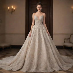 A stunning, intricately designed couture gown with dazzling embellishments and an elegant silhouette.