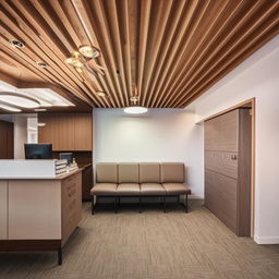 Elegant advocate office interior, 270 sq. ft. with cabinets, waiting area design, professional furniture, detailed ceiling, dimensions 27x10 ft, modern style.