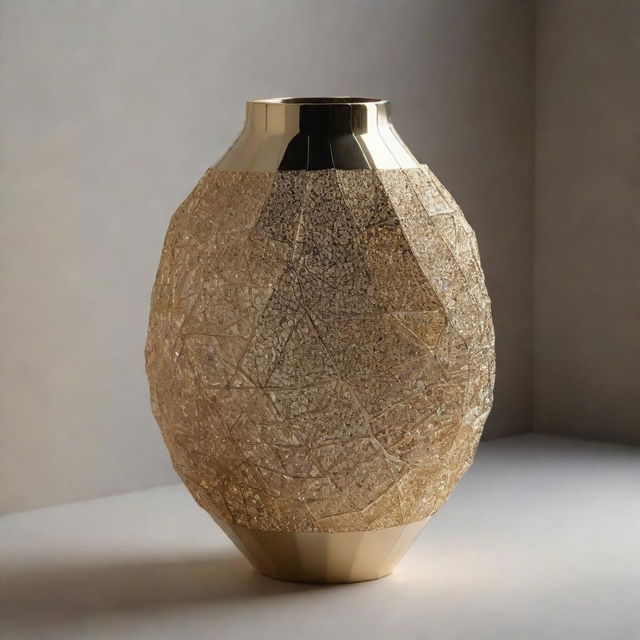 A geometrically intricate vase, composed of intricate polygons, reflecting a metallic lustre under soft lighting