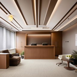 Elegant advocate office interior, 270 sq. ft. with cabinets, waiting area design, professional furniture, detailed ceiling, dimensions 27x10 ft, modern style.