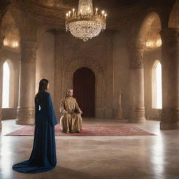 A humble woman in modest clothing, approaching a benevolent king in his grand and magnificent throne room.