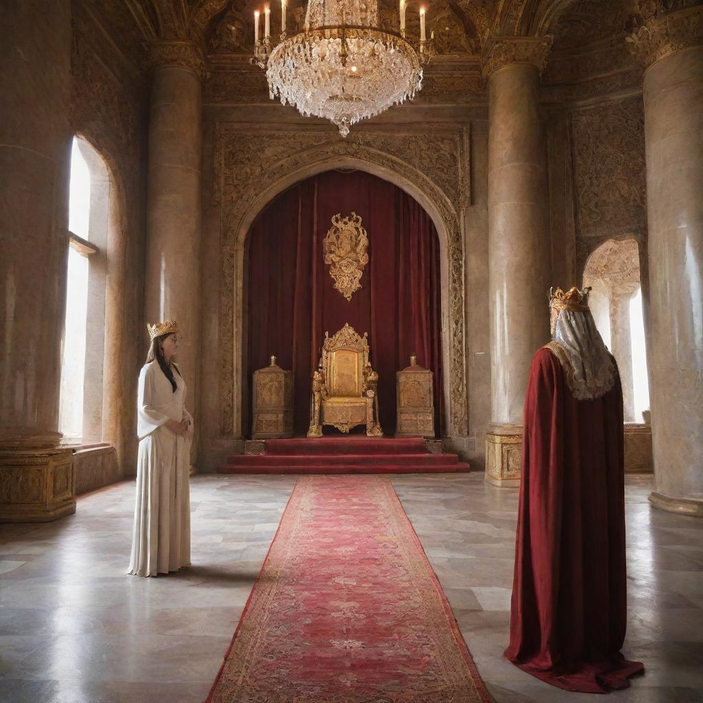 A humble woman in modest clothing, approaching a benevolent king in his grand and magnificent throne room.