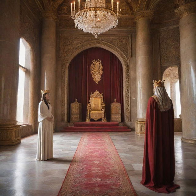 A humble woman in modest clothing, approaching a benevolent king in his grand and magnificent throne room.