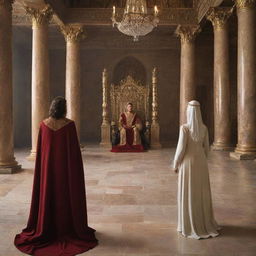 A humble woman in modest clothing, approaching a benevolent king in his grand and magnificent throne room.