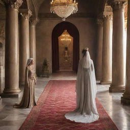 A humble woman in modest clothing, approaching a benevolent king in his grand and magnificent throne room.